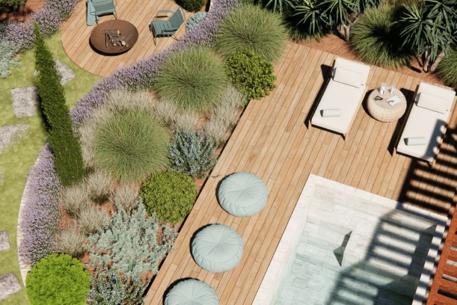 Vue en plan d’un projet de jardin en rendu 3D : terrasse bois, bassin, massifs de graminées et pas japonais