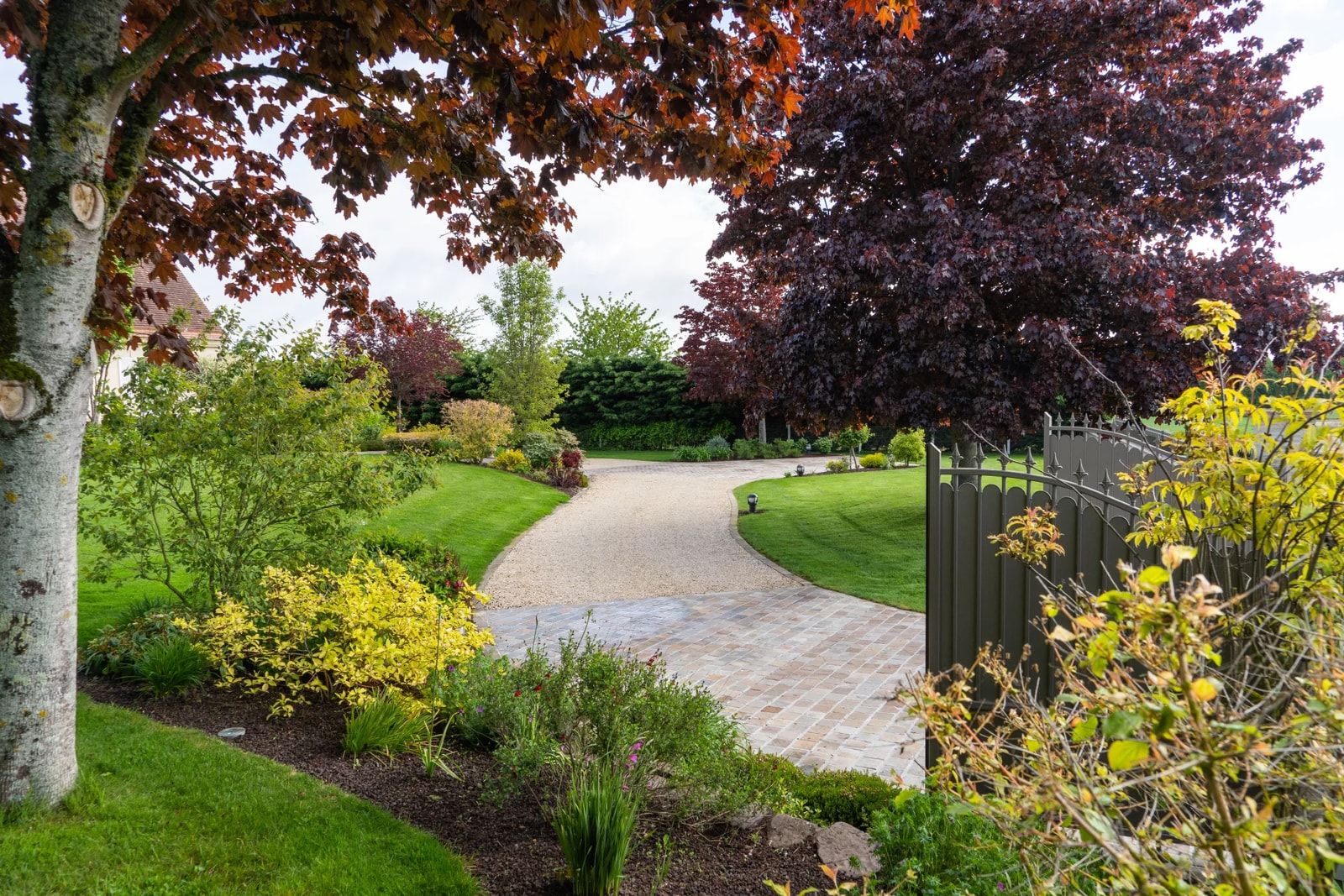 Jardin arboré aux feuillages pourpres et dorés, massifs plantés le long d’une allée pavée